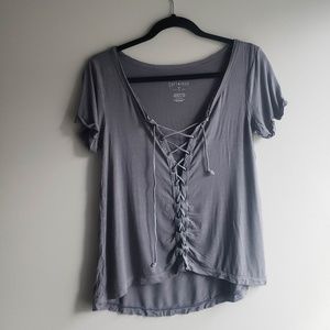 Grey American Eagle SOFT Lace Up Tee